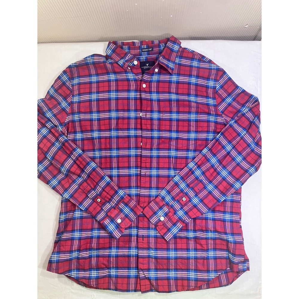 American Eagle Mens XL Classic Fit Plaid Button Up Shirt Red Blue Seriously Soft